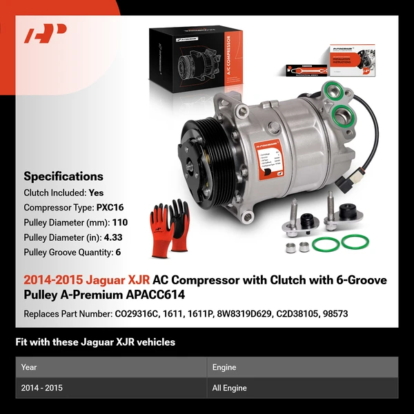 2014-2015 Jaguar XJR AC Compressor with Clutch with 6-Groove Pulley A-Premium APACC614