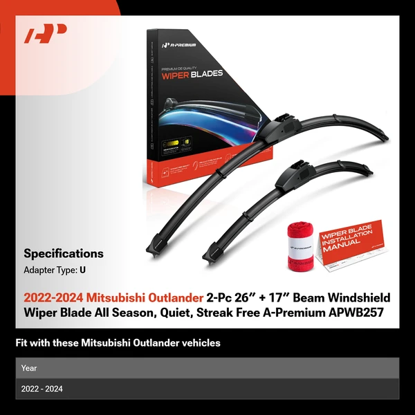 2022-2024 Mitsubishi Outlander 2-Pc 26″ + 17″ Beam Windshield Wiper Blade All Season, Quiet, Streak Free A-Premium APWB257