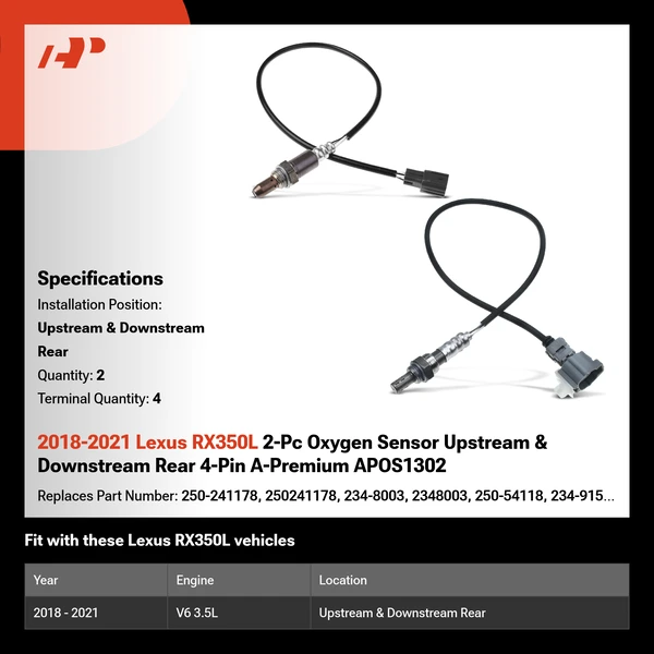 2018-2021 Lexus RX350L 2-Pc Oxygen Sensor Upstream & Downstream Rear 4-Pin A-Premium APOS1302