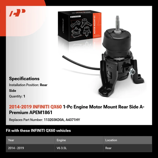 2014-2019 INFINITI QX60 1-Pc Engine Motor Mount Rear Side A-Premium APEM1861