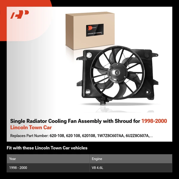Single Radiator Cooling Fan Assembly with Shroud for 1998-2000 Lincoln Town Car