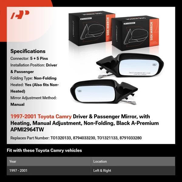 1997-2001 Toyota Camry Driver & Passenger Mirror, with Heating, Manual Adjustment, Non-Folding, Black A-Premium APMI2964TW