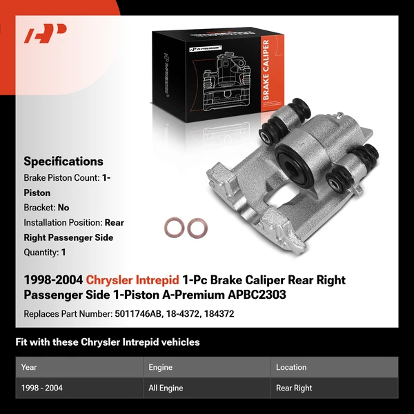 1998-2004 Chrysler Intrepid 1-Pc Brake Caliper Rear Right Passenger Side 1-Piston A-Premium APBC2303