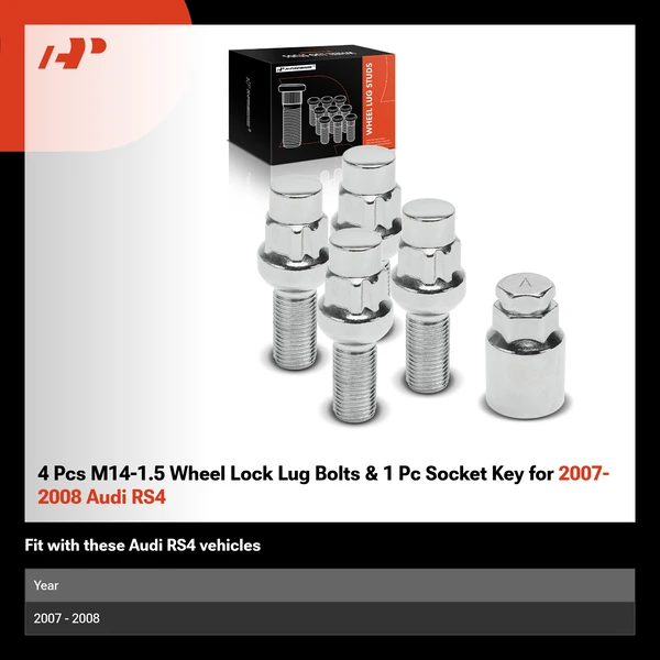 4 Pcs M14-1.5 Wheel Lock Lug Bolts & 1 Pc Socket Key for 2007-2008 Audi RS4