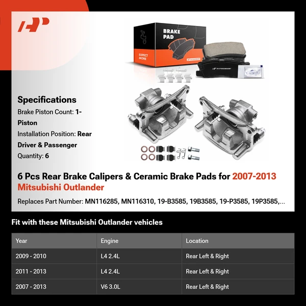 6 Pcs Rear Brake Calipers & Ceramic Brake Pads for 2007-2013 Mitsubishi Outlander