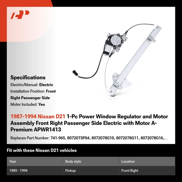 1987-1994 Nissan D21 1-Pc Power Window Regulator and Motor Assembly Front Right Passenger Side Electric with Motor A-Premium APWR1413