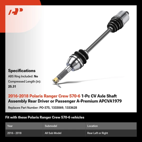 2016-2018 Polaris Ranger Crew 570-6 1-Pc CV Axle Shaft Assembly Rear Driver or Passenger A-Premium APCVA1979