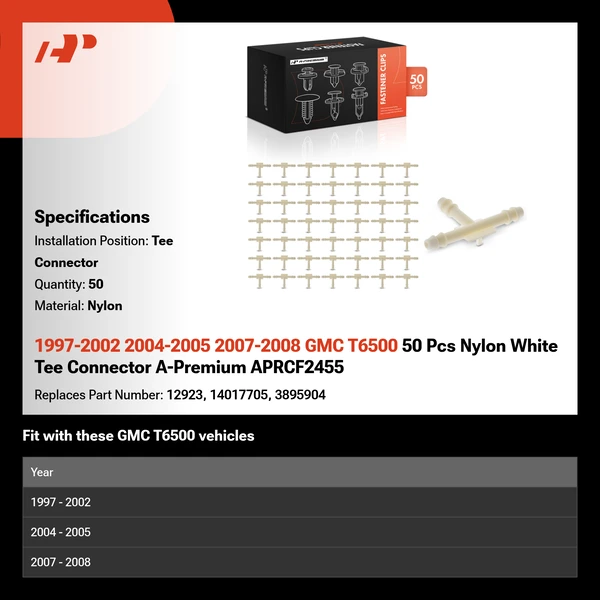 1997-2002 2004-2005 2007-2008 GMC T6500 50 Pcs Nylon White Tee Connector A-Premium APRCF2455