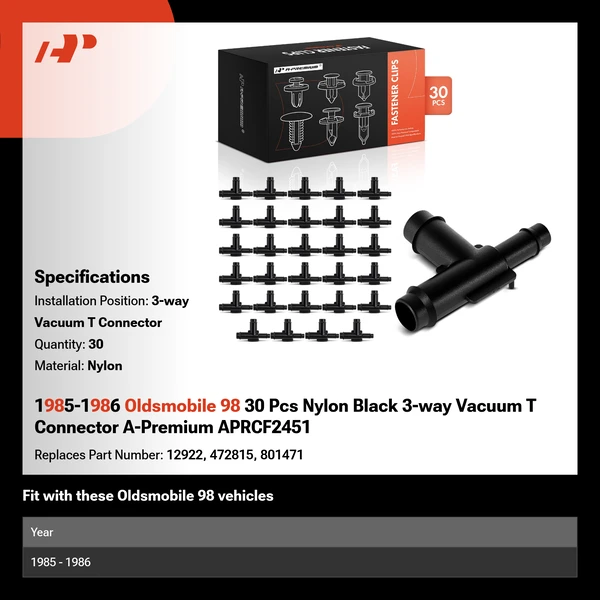 1985-1986 Oldsmobile 98 30 Pcs Nylon Black 3-way Vacuum T Connector A-Premium APRCF2451