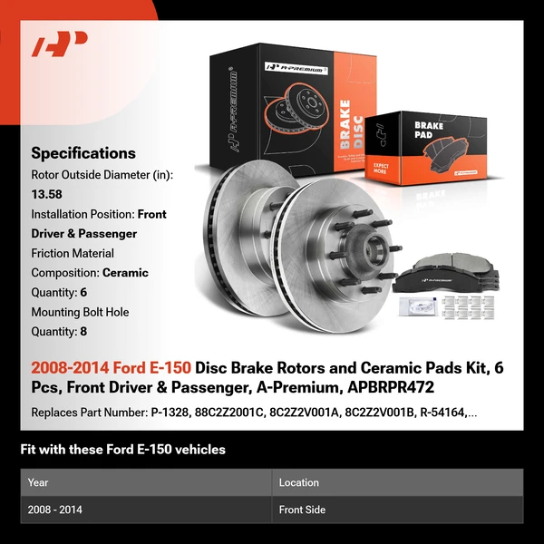 2008-2014 Ford E-150 Disc Brake Rotors and Ceramic Pads Kit, 6 Pcs, Front Driver & Passenger, A-Premium, APBRPR472