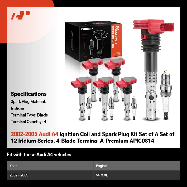 2002-2005 Audi A4 Ignition Coil and Spark Plug Kit Set of A Set of 12 Iridium Series, 4-Blade Terminal A-Premium APIC0814
