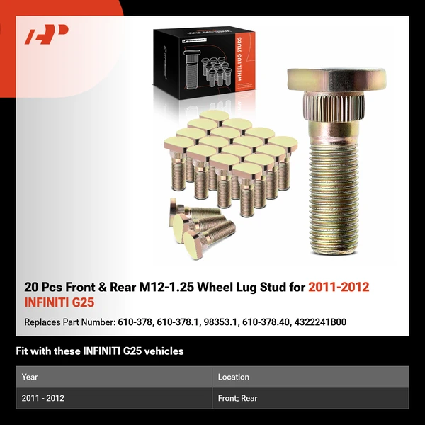 20 Pcs Front & Rear M12-1.25 Wheel Lug Stud for 2011-2012 INFINITI G25