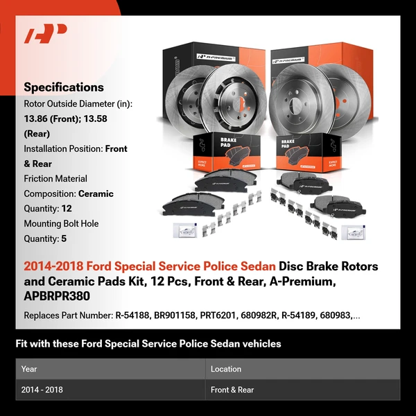 2014-2018 Ford Special Service Police Sedan Disc Brake Rotors and Ceramic Pads Kit, 12 Pcs, Front & Rear, A-Premium, APBRPR380