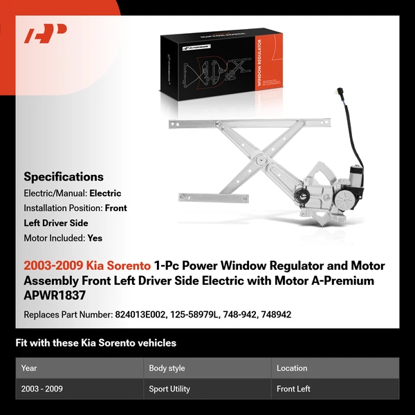 2003-2009 Kia Sorento 1-Pc Power Window Regulator and Motor Assembly Front Left Driver Side Electric with Motor A-Premium APWR1837