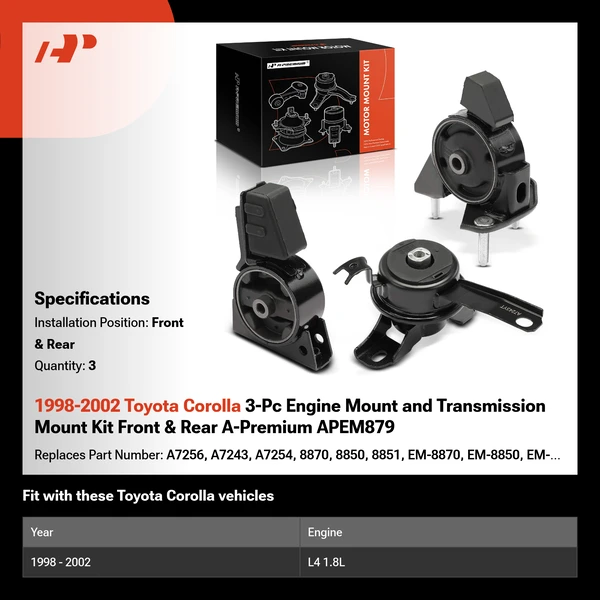 1998-2002 Toyota Corolla 3-Pc Engine Mount and Transmission Mount Kit Front & Rear A-Premium APEM879