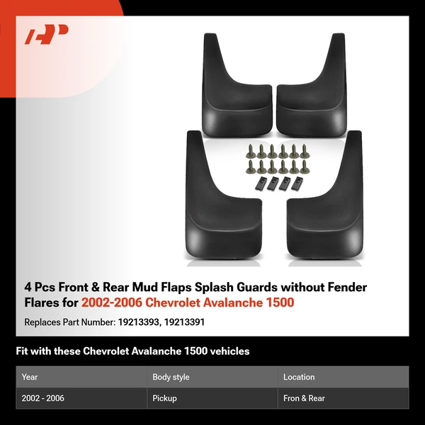 4 Pcs Front & Rear Mud Flaps Splash Guards without Fender Flares for 2002-2006 Chevrolet Avalanche 1500