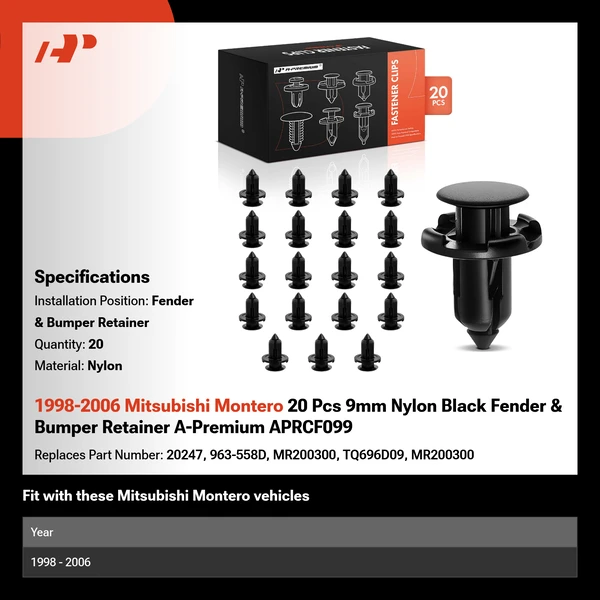1998-2006 Mitsubishi Montero 20 Pcs 9mm Nylon Black Fender & Bumper Retainer A-Premium APRCF099