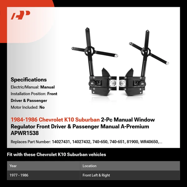 1984-1986 Chevrolet K10 Suburban 2-Pc Manual Window Regulator Front Driver & Passenger Manual A-Premium APWR1538