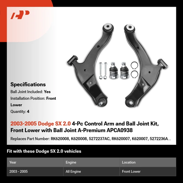 2003-2005 Dodge SX 2.0 4-Pc Control Arm and Ball Joint Kit, Front Lower with Ball Joint A-Premium APCA0938
