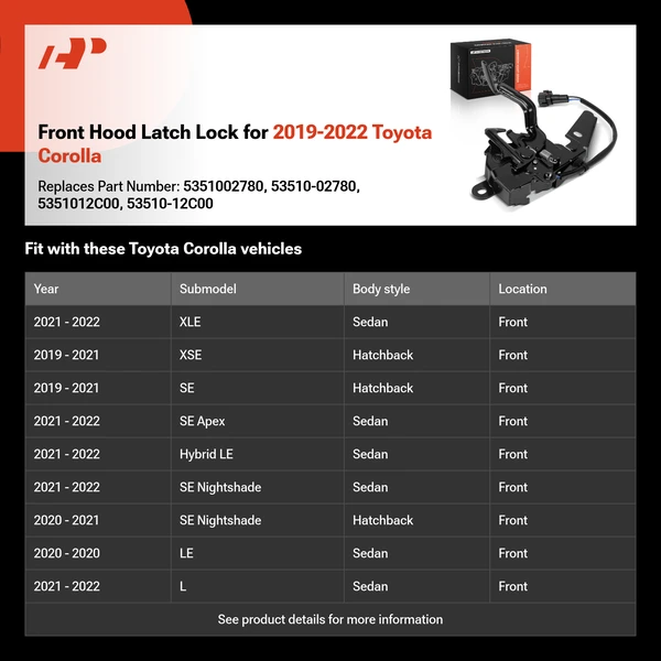 Front Hood Latch Lock for 2019-2022 Toyota Corolla