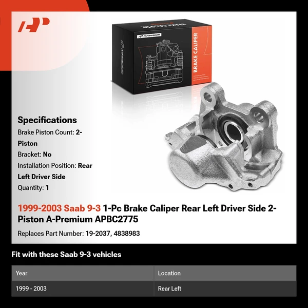 1999-2003 Saab 9-3 1-Pc Brake Caliper Rear Left Driver Side 2-Piston A-Premium APBC2775