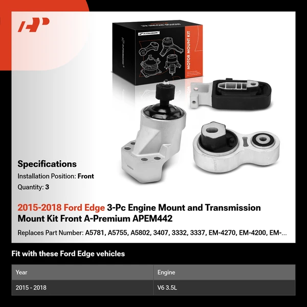 2015-2018 Ford Edge 3-Pc Engine Mount and Transmission Mount Kit Front A-Premium APEM442