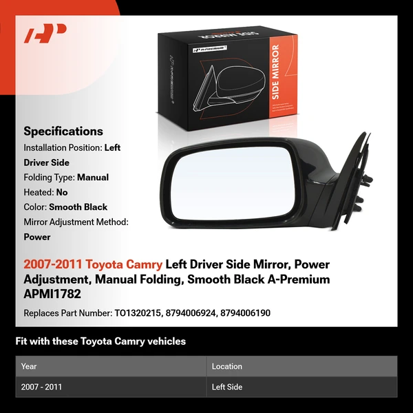 2007-2011 Toyota Camry Left Driver Side Mirror, Power Adjustment, Manual Folding, Smooth Black A-Premium APMI1782