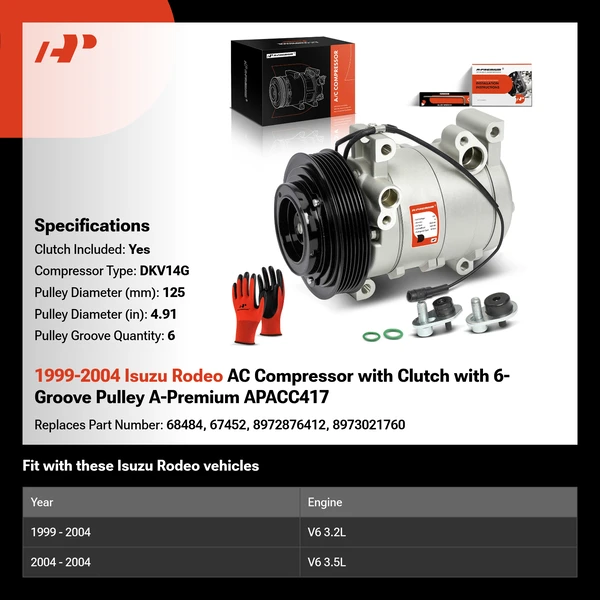 1999-2004 Isuzu Rodeo AC Compressor with Clutch with 6-Groove Pulley A-Premium APACC417