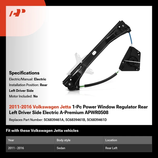 2011-2016 Volkswagen Jetta 1-Pc Power Window Regulator Rear Left Driver Side Electric A-Premium APWR0508