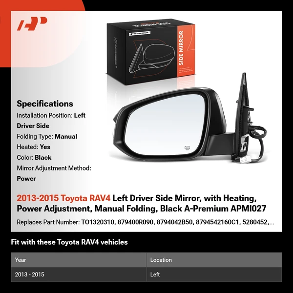 2013-2015 Toyota RAV4 Left Driver Side Mirror, with Heating, Power Adjustment, Manual Folding, Black A-Premium APMI027