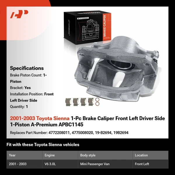 2001-2003 Toyota Sienna 1-Pc Brake Caliper Front Left Driver Side 1-Piston A-Premium APBC1145