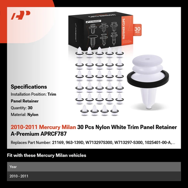 2010-2011 Mercury Milan 30 Pcs Nylon White Trim Panel Retainer A-Premium APRCF787
