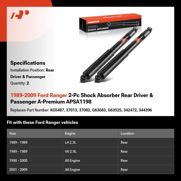 1989-2009 Ford Ranger 2-Pc Shock Absorber Rear Driver & Passenger A-Premium APSA1198