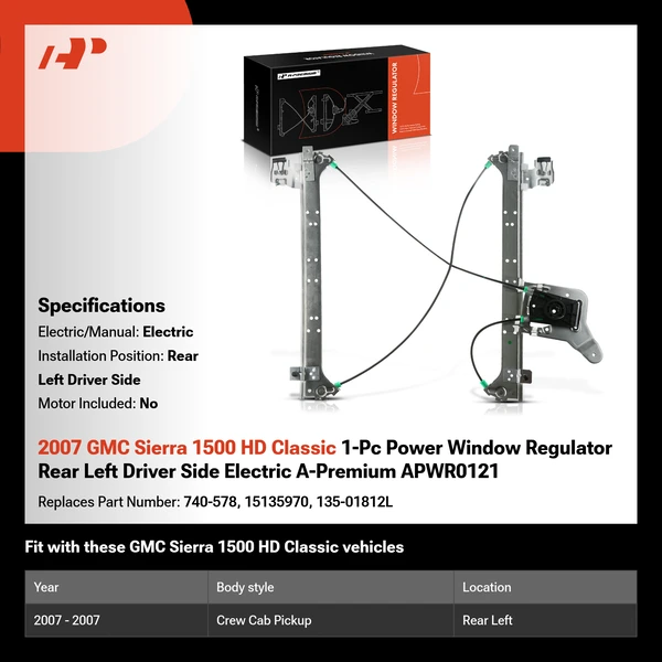 2007 GMC Sierra 1500 HD Classic 1-Pc Power Window Regulator Rear Left Driver Side Electric A-Premium APWR0121