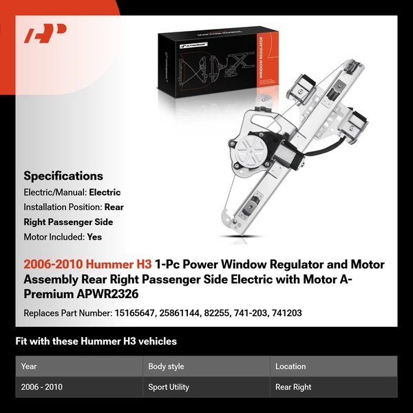 2006-2010 Hummer H3 1-Pc Power Window Regulator and Motor Assembly Rear Right Passenger Side Electric with Motor A-Premium APWR2326