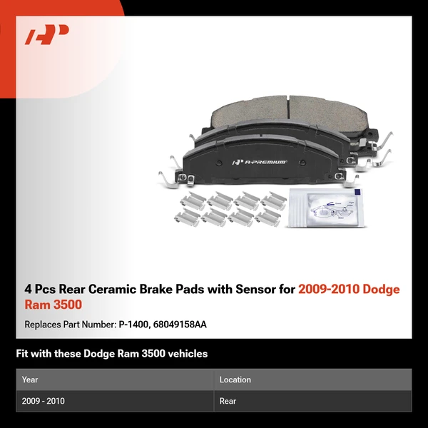 4 Pcs Rear Ceramic Brake Pads with Sensor for 2009-2010 Dodge Ram 3500