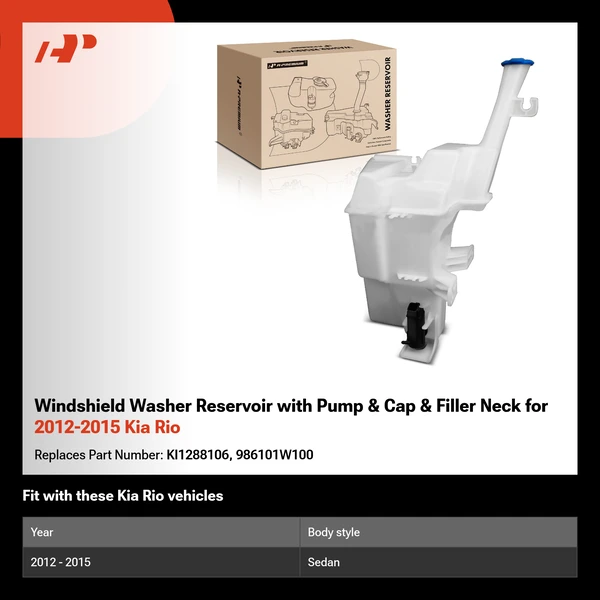 Windshield Washer Reservoir with Pump & Cap & Filler Neck for 2012-2015 Kia Rio