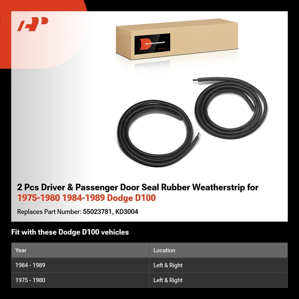 2 Pcs Driver & Passenger Door Seal Rubber Weatherstrip for 1975-1980 1984-1989 Dodge D100