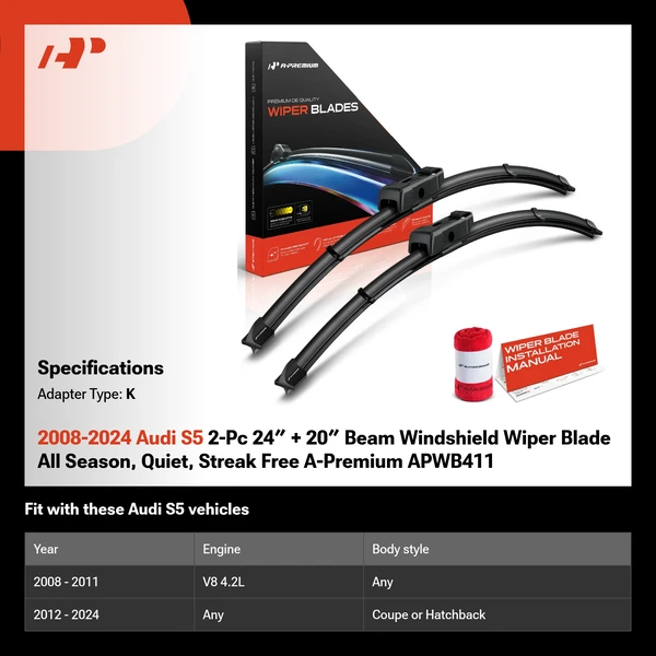 2008-2024 Audi S5 2-Pc 24″ + 20″ Beam Windshield Wiper Blade All Season, Quiet, Streak Free A-Premium APWB411