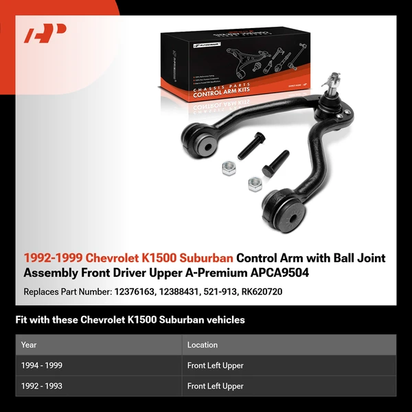 1992-1999 Chevrolet K1500 Suburban Control Arm with Ball Joint Assembly Front Driver Upper A-Premium APCA9504