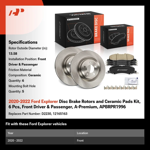 2020-2022 Ford Explorer Disc Brake Rotors and Ceramic Pads Kit, 6 Pcs, Front Driver & Passenger, A-Premium, APBRPR1996