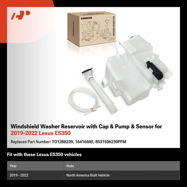 Windshield Washer Reservoir with Cap & Pump & Sensor for 2019-2022 Lexus ES350