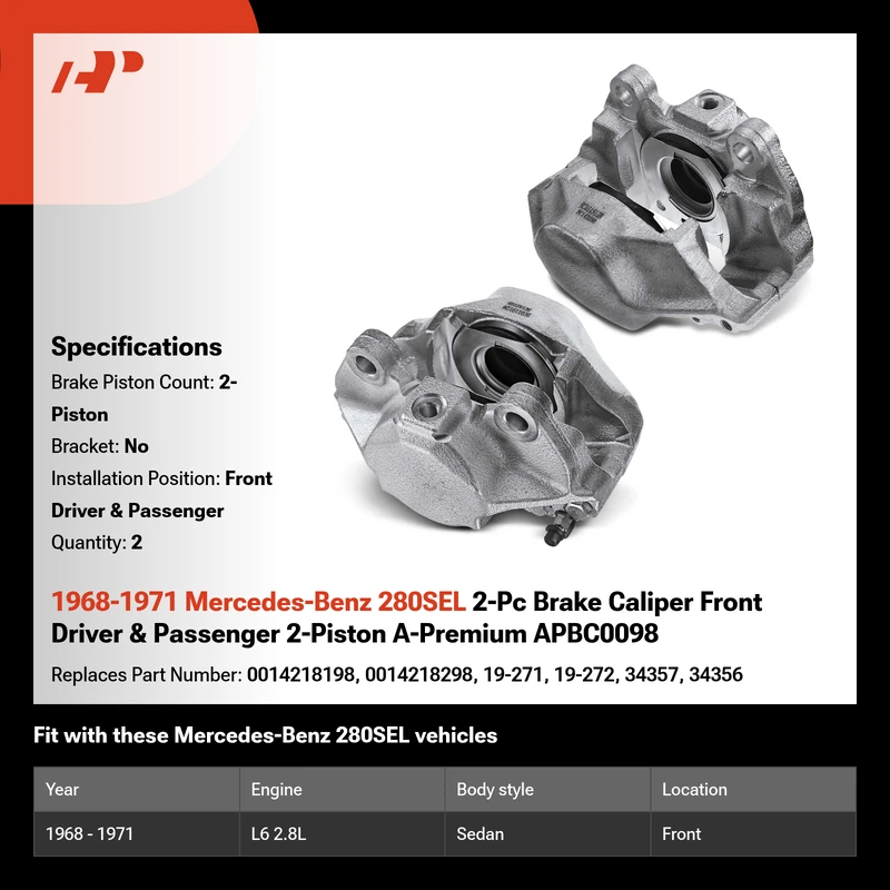 1968-1971 Mercedes-Benz 280SEL 2-Pc Brake Caliper Front Driver & Passenger 2-Piston A-Premium APBC0098