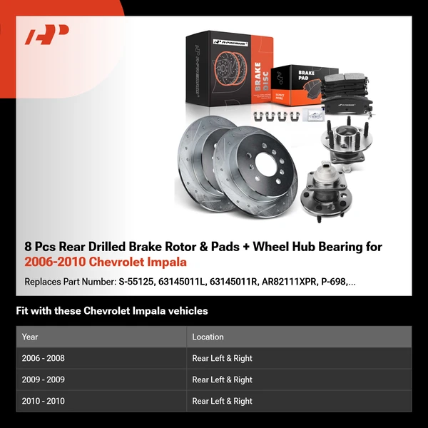 8 Pcs Rear Drilled Brake Rotor & Pads + Wheel Hub Bearing for 2006-2010 Chevrolet Impala