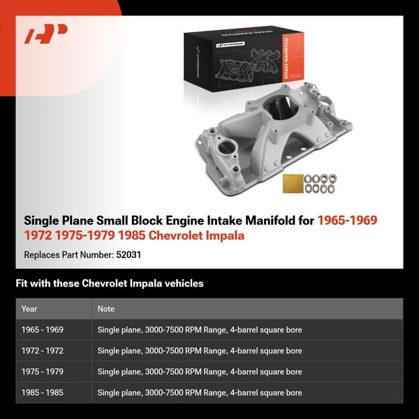 Single Plane Small Block Engine Intake Manifold for 1965-1969 1972 1975-1979 1985 Chevrolet Impala