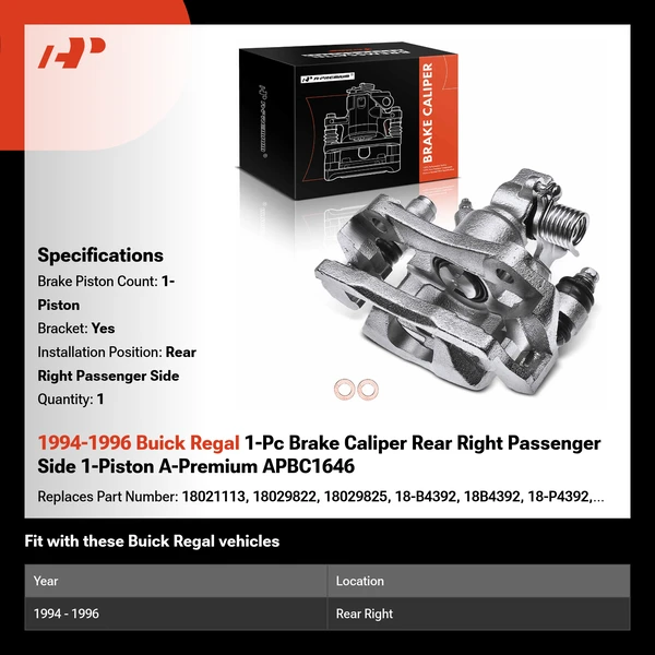1994-1996 Buick Regal 1-Pc Brake Caliper Rear Right Passenger Side 1-Piston A-Premium APBC1646