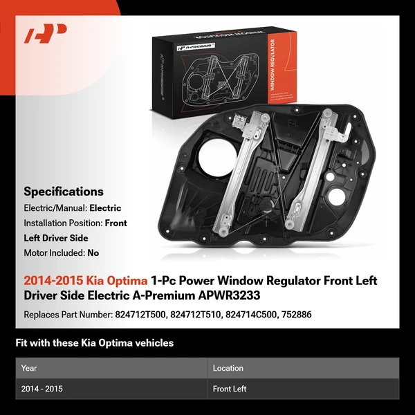 2014-2015 Kia Optima 1-Pc Power Window Regulator Front Left Driver Side Electric A-Premium APWR3233
