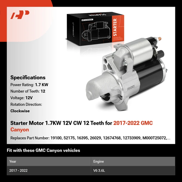 Starter Motor 1.7KW 12V CW 12 Teeth for 2017-2022 GMC Canyon