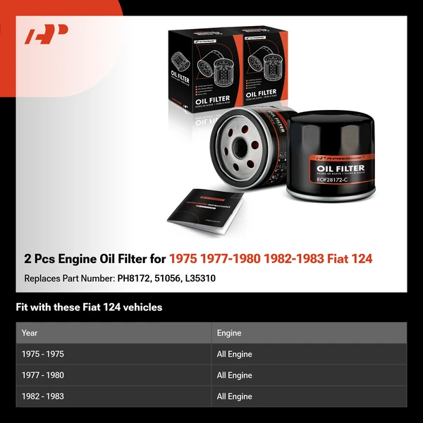2 Pcs Engine Oil Filter for 1975 1977-1980 1982-1983 Fiat 124
