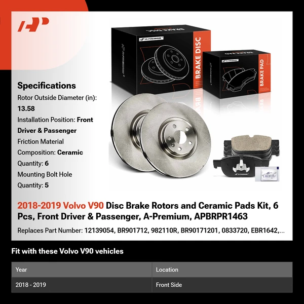 2018-2019 Volvo V90 Disc Brake Rotors and Ceramic Pads Kit, 6 Pcs, Front Driver & Passenger, A-Premium, APBRPR1463